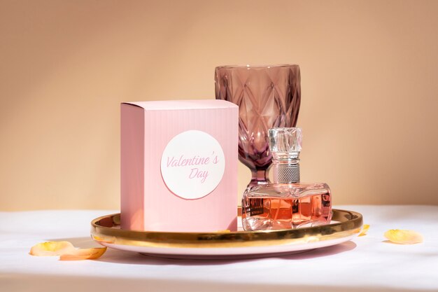 Front view of elegant bottle of perfume on tray for valentine's day