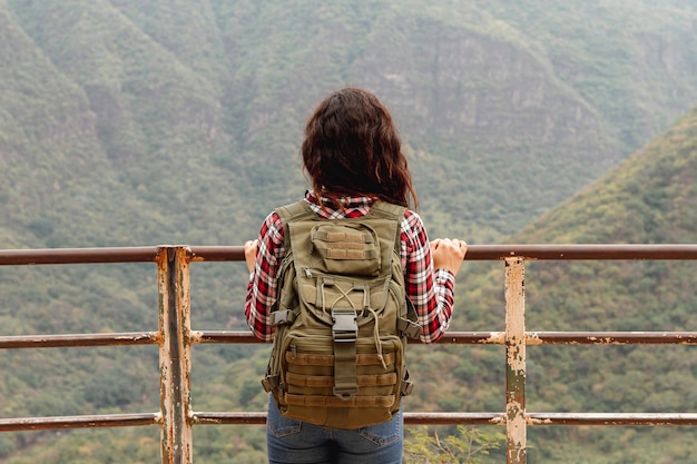 Front view female on bridge looking at nature