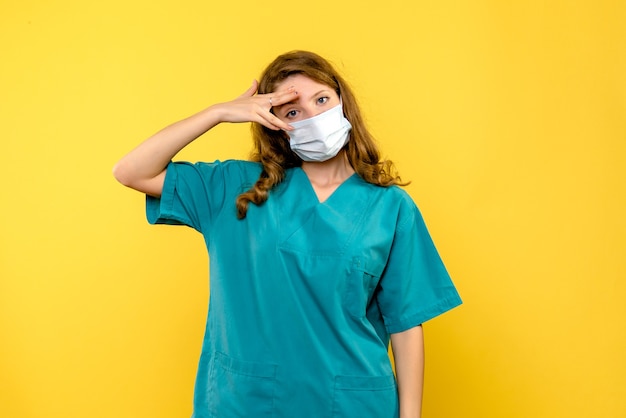 Front view of female doctor in mask on yellow wall