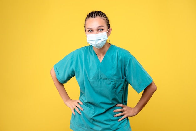 Front view of female doctor in medical suit and sterile mask on yellow wall