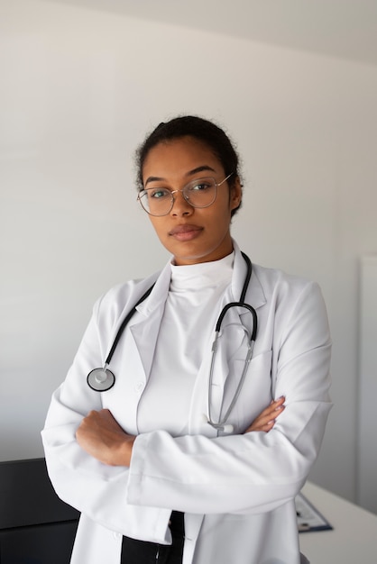 Free photo front view female doctor wearing stethoscope