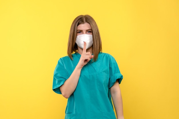 Front view of female doctor with mask on the yellow wall