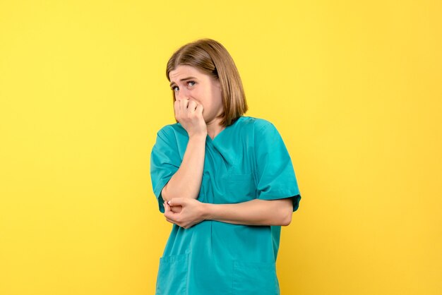 Front view of female doctor with scared expression on yellow wall