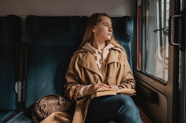 Front view female passenger sitting in a train