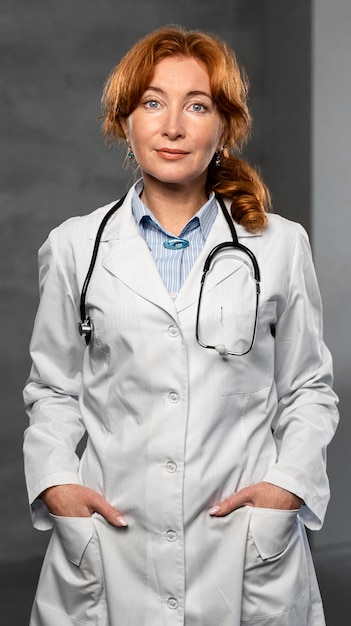 Front view of female physician with stethoscope posing with hands in pockets