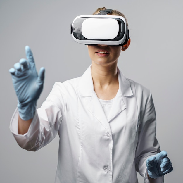 Front view of female researcher using a virtual reality headset