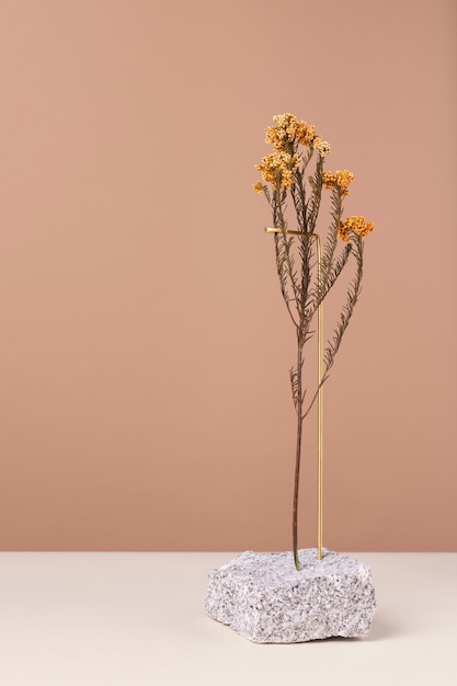 Front view of flower decor on a rock stand with copy space