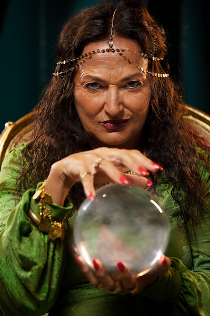 Free photo front view fortune teller holding crystal globe