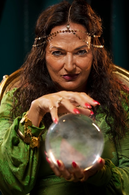 Front view fortune teller holding crystal globe