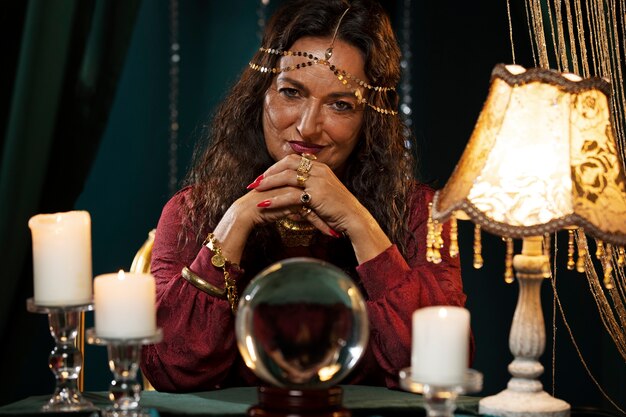 Front view fortune teller sitting at table