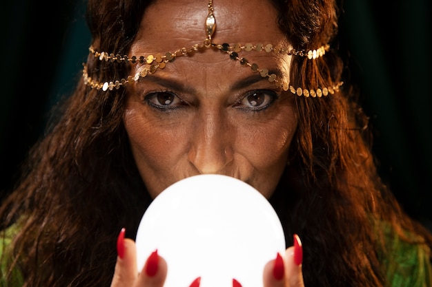 Free photo front view fortune teller with crystal globe