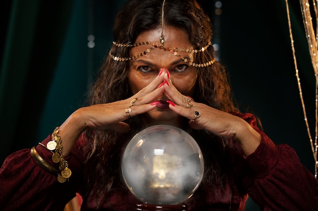 Free photo front view fortune teller with crystal globe