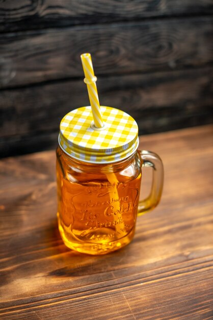 Front view fresh apple juice inside can with straw on dark cocktail drink photo color fruit