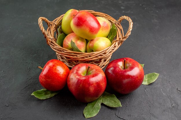 Front view fresh apples mellow fruits on a grey table tree ripe fresh fruit mellow