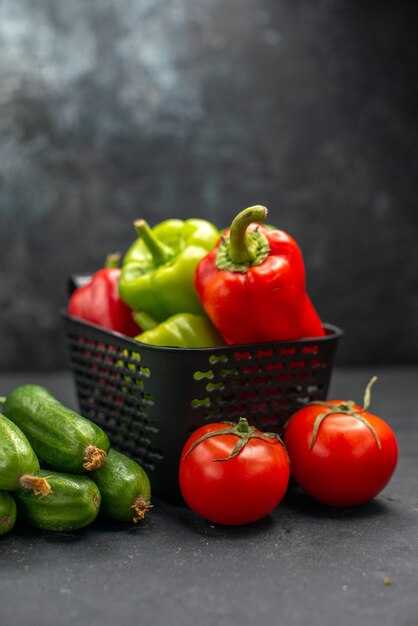 Front view fresh bell-peppers with vegetables on dark background diet food health salad meal