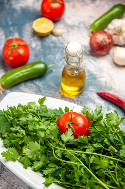 Front view fresh greens with tomatoes on the light-blue background ripe salad photo color