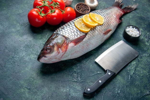 Free photo front view fresh raw fish with lemon slices and tomatoes on dark blue surface shark seafood meal ocean horizontal food animal meat water dinner