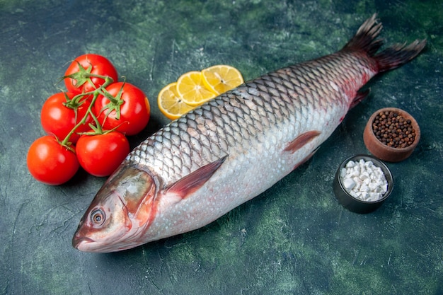 Free photo front view fresh raw fish with tomatoes and lemon slices on dark blue surface shark seafood meal ocean meat horizontal dinner food color animal water