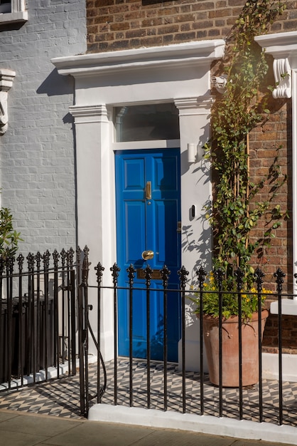 Front view of front door with brown wall and plants