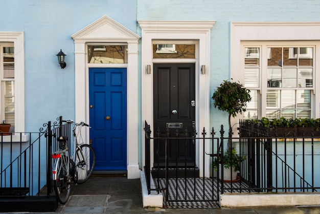 Front view of front doors with blue wall and plants