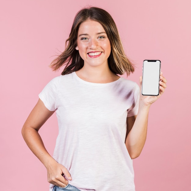 Front view girl showing her phone