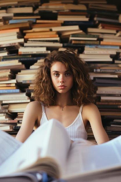 Front view girl spending time in library