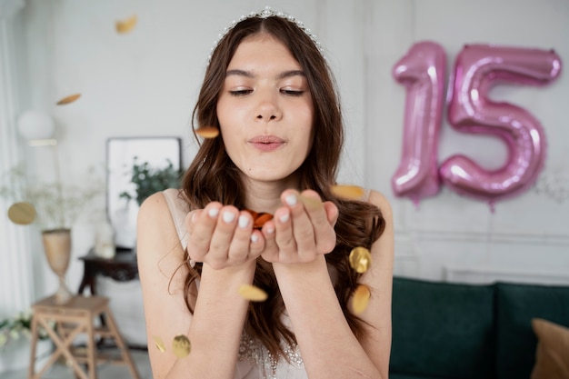 Free photo front view girl with confetti