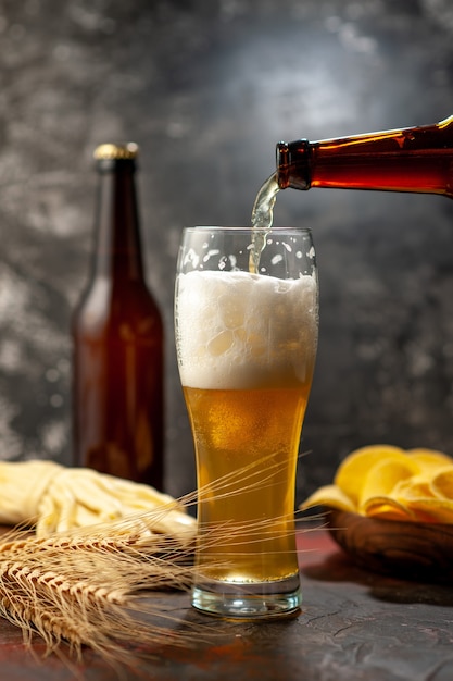 Front view glass of bear with cips and cheese on light desk wine photo alcohol drink snack color