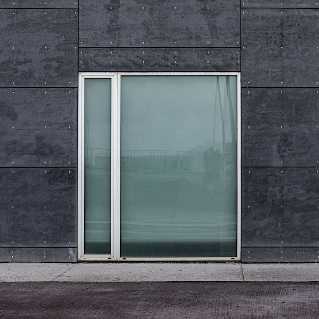 Front view of glass window in a city building