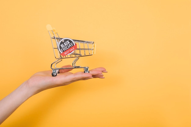 Free photo front view hand with black friday sign on cart