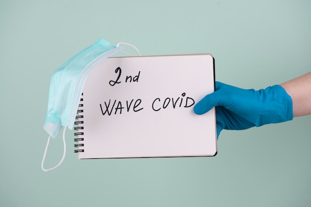 Front view of hand with surgical glove holding notebook saying second wave of covid