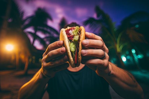 Free photo front view hands holding delicious taco