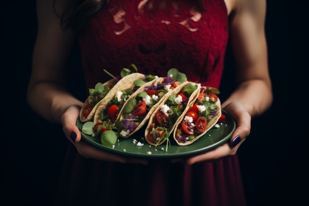 Free photo front view hands holding delicious taco