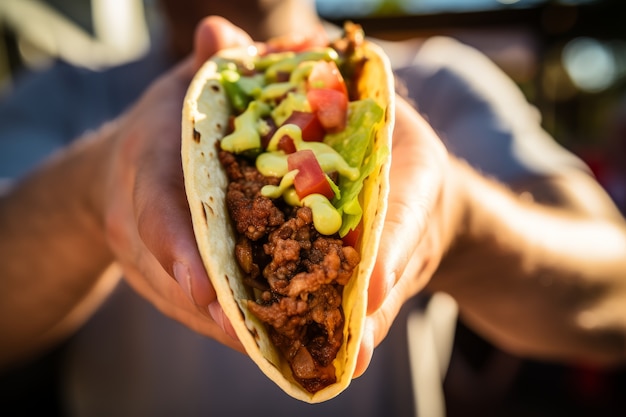 Front view hands holding delicious taco