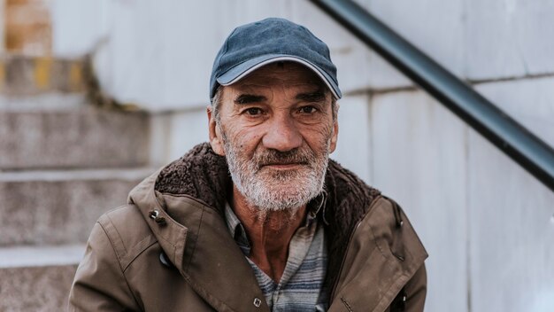 Front view of homeless man with beard