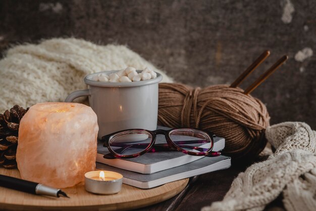 Front view hot chocolate with himalayan salt stand and candle