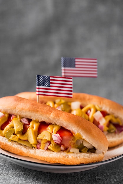 Free Photo front view hot-dogs on plate with american flag