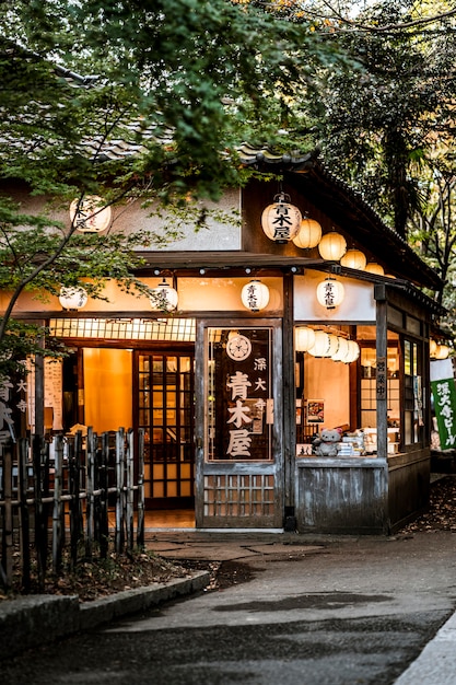 Front view of japanese structure with lanterns and nature