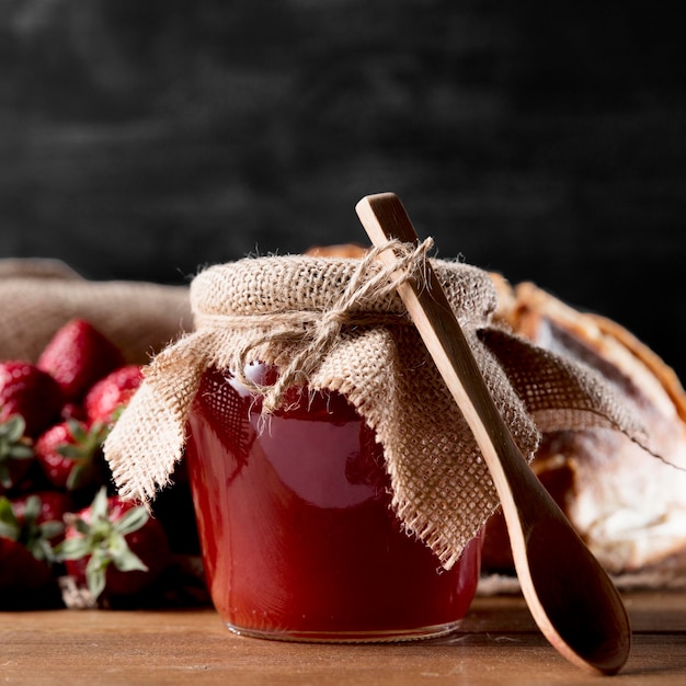 Front view of jar with strawberry jam