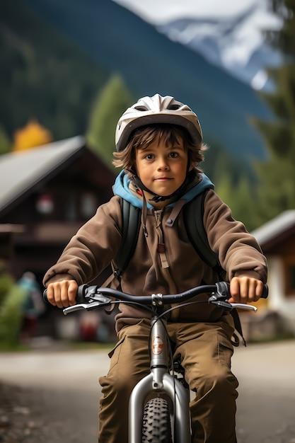 Front view kid on bicycle  outdoors