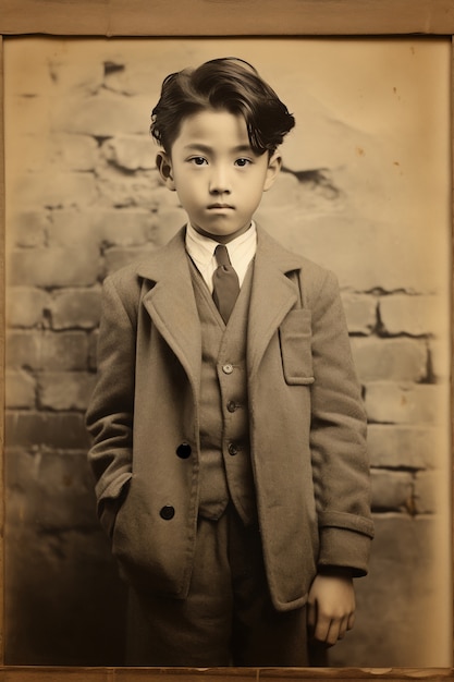 Free Photo front view kid posing vintage portrait