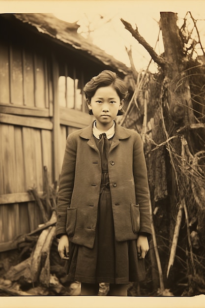 Free Photo front view kid posing vintage portrait