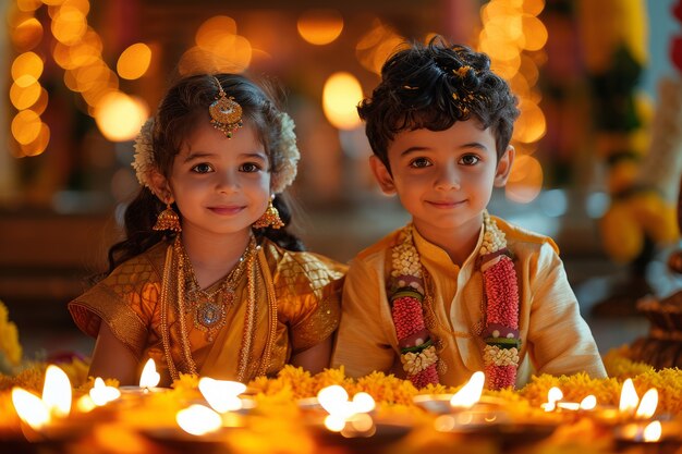 Front view kids celebrating tamil new year