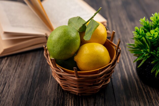 Front view lemons with limes in basket with open book on wooden background