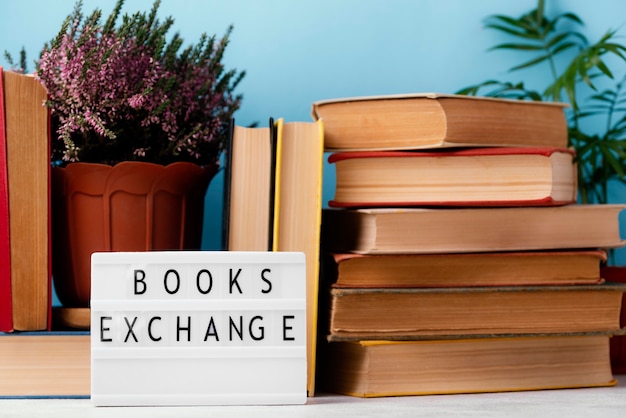 Front view of light box with stacked books and plants