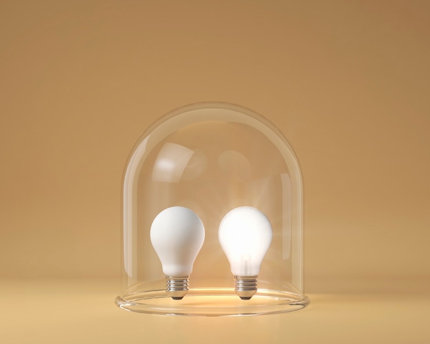 Front view of lit and unlit lightbulbs protected by clear glass as an idea concept