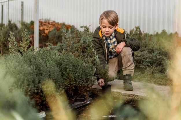 Front view of little boy at a tree nursery