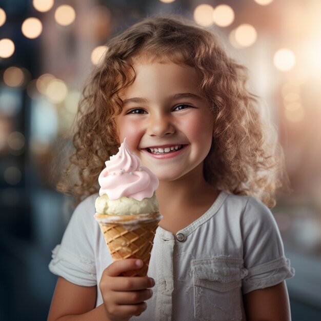 Front view little girl holding delicious ice cream