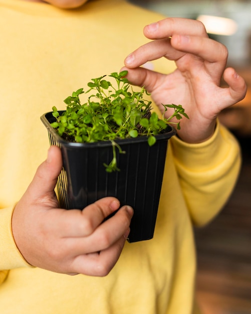 Free photo front view of little girl at home with small plant