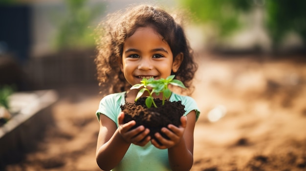 Front view little girl with plant